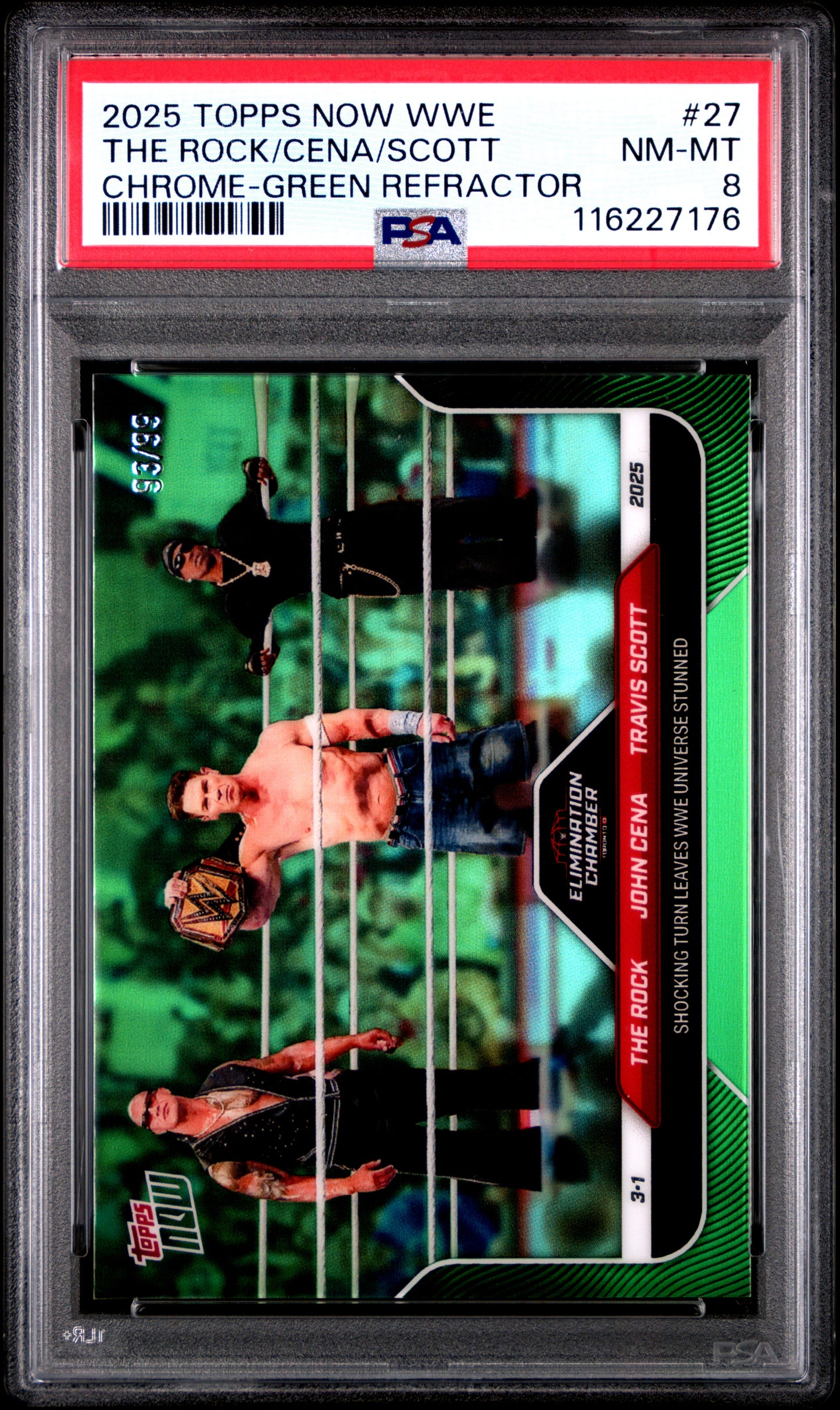 Graded 2025 Topps Now WWE The Rock John Cena Travis Scott #27 Chrome Green Refractor /99 Wrestling Card PSA 8 Near Mint