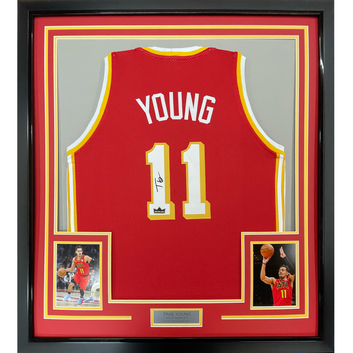 Framed Facsimile Autographed Trae Young 35x39 Atlanta Red Reprint Laser Auto Basketball Jersey
