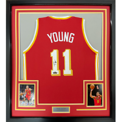 Framed Facsimile Autographed Trae Young 35x39 Atlanta Red Reprint Laser Auto Basketball Jersey