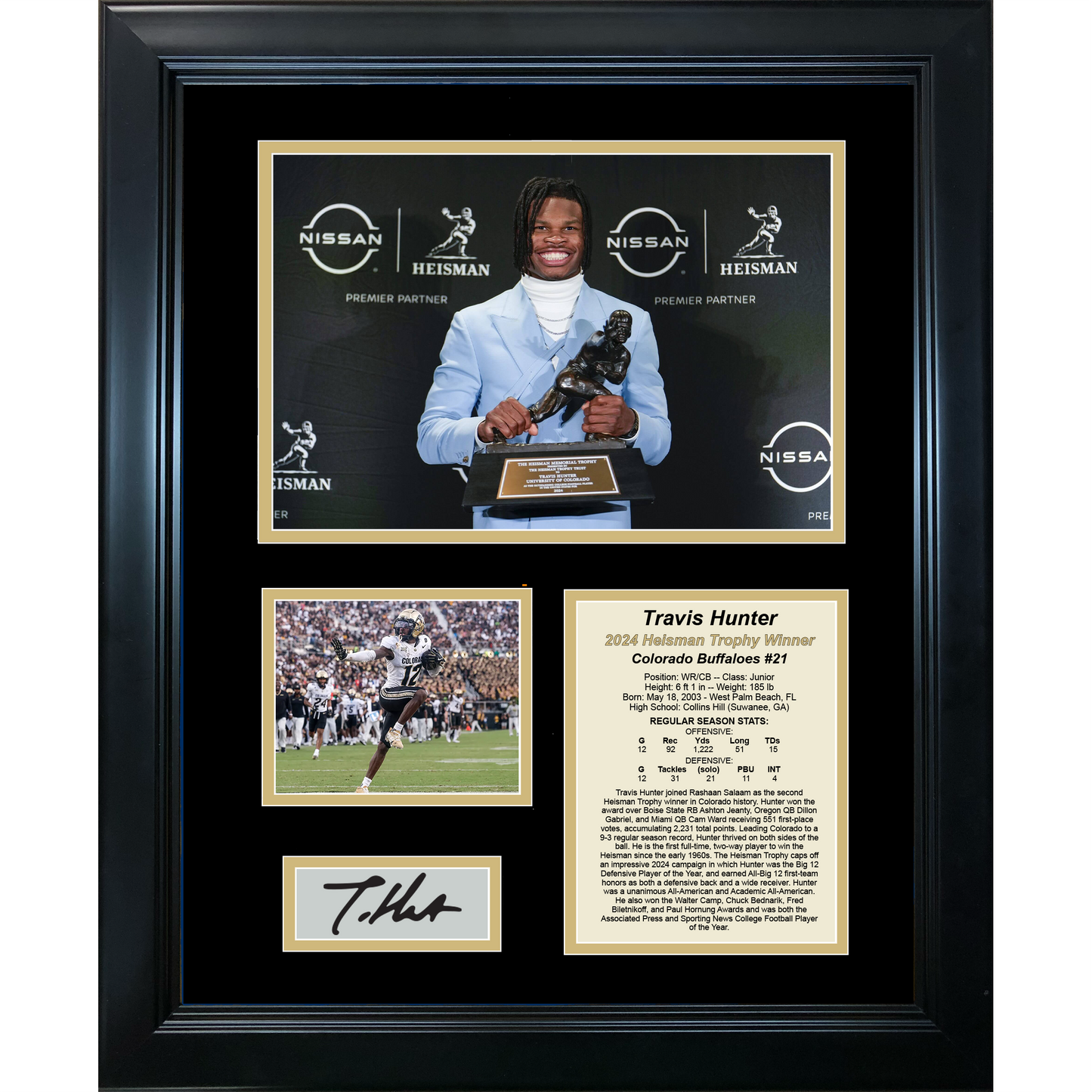 Framed Travis Hunter Colorado Buffaloes 2024 Heisman Trophy Winner Facsimile Laser Engraved Signature Auto 11"x14" College Football Photo Sig Collage