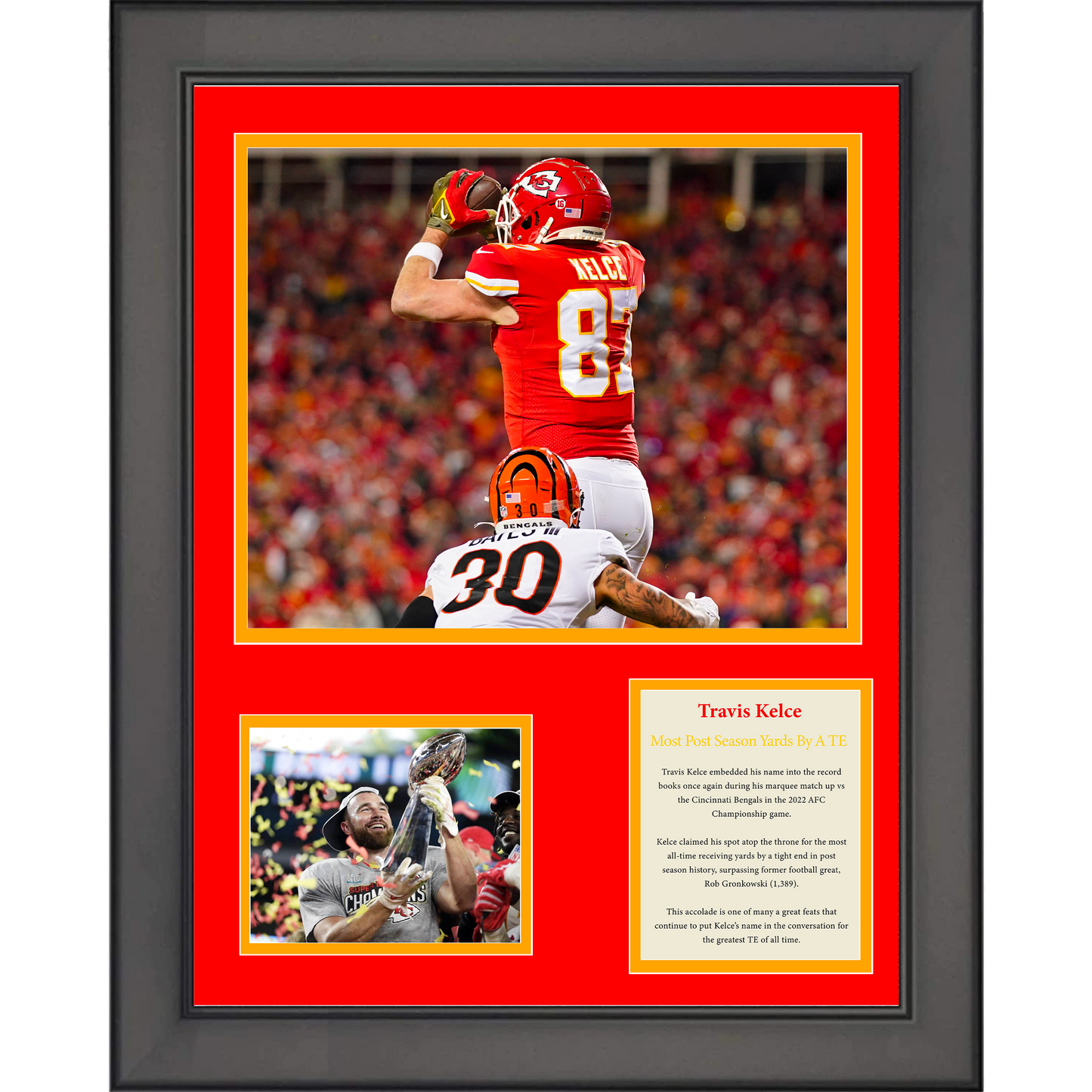 Framed Travis Kelce Record Most Post Season Receiving Yards by Tight End Kansas City Chiefs Football 11"x14" Three Photo Collage