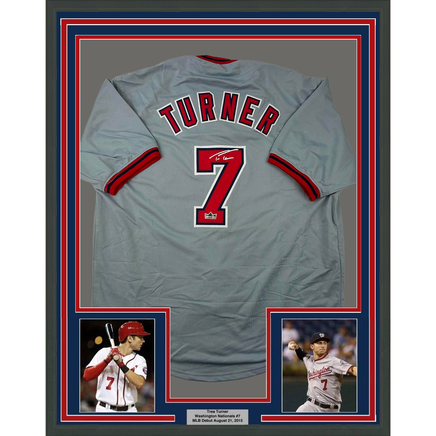 Framed Facsimile Autographed Trea Turner 35x39 Washington Grey Reprint Laser Auto Baseball Jersey