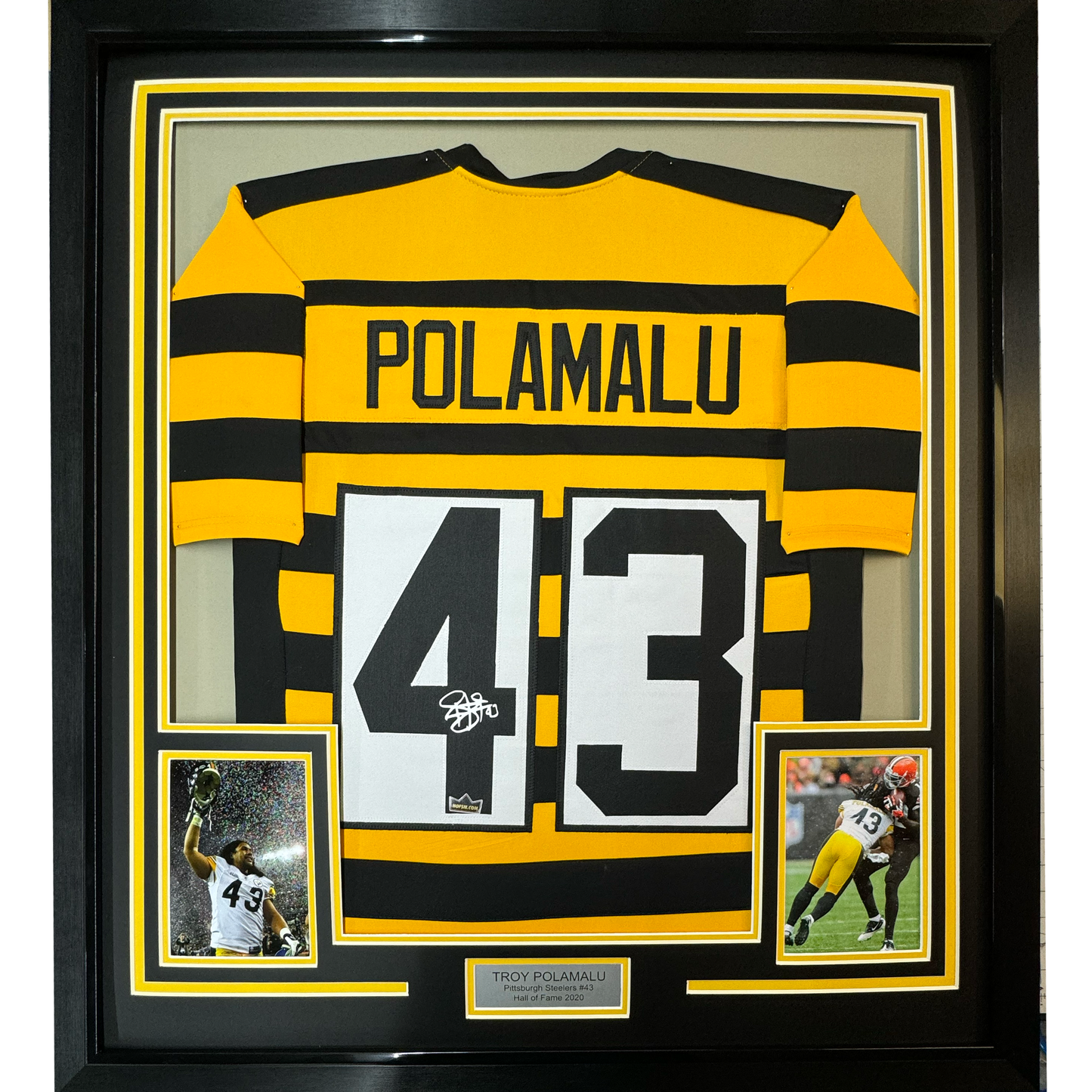 Framed Facsimile Autographed Troy Polamalu 35x39 Pittsburgh Bumble Bee Reprint Laser Auto Football