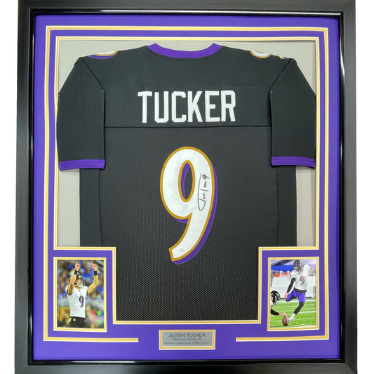 Framed Autographed/Signed Justin Tucker 35x39 Baltimore Black Football Jersey JSA COA
