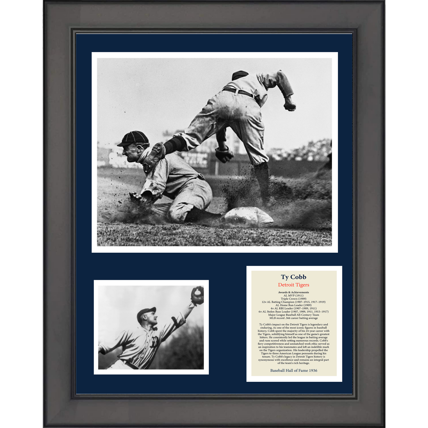 Framed Ty Cobb Hall of Fame Detroit Tigers Baseball 11"x14" Three Photo Collage