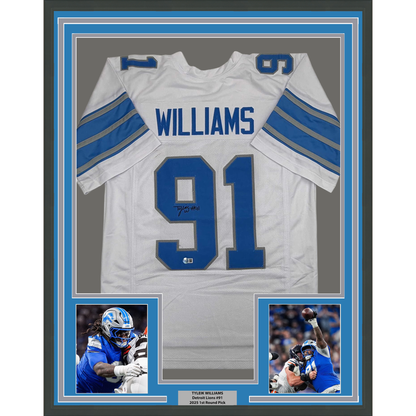 Framed Autographed/Signed Tyleik Williams 35x39 Detroit White Football Jersey Beckett BAS COA