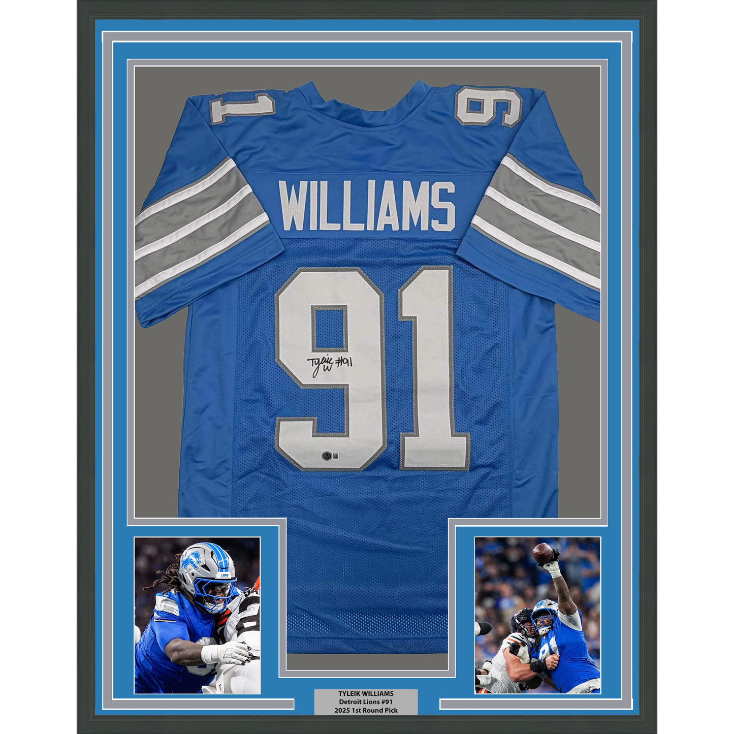 Framed Autographed/Signed Tyleik Williams 35x39 Detroit Blue Football Jersey Beckett BAS COA