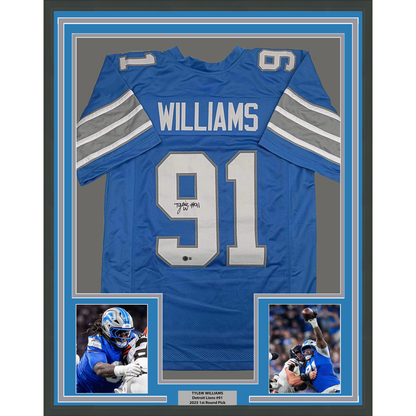 Framed Autographed/Signed Tyleik Williams 35x39 Detroit Blue Football Jersey Beckett BAS COA