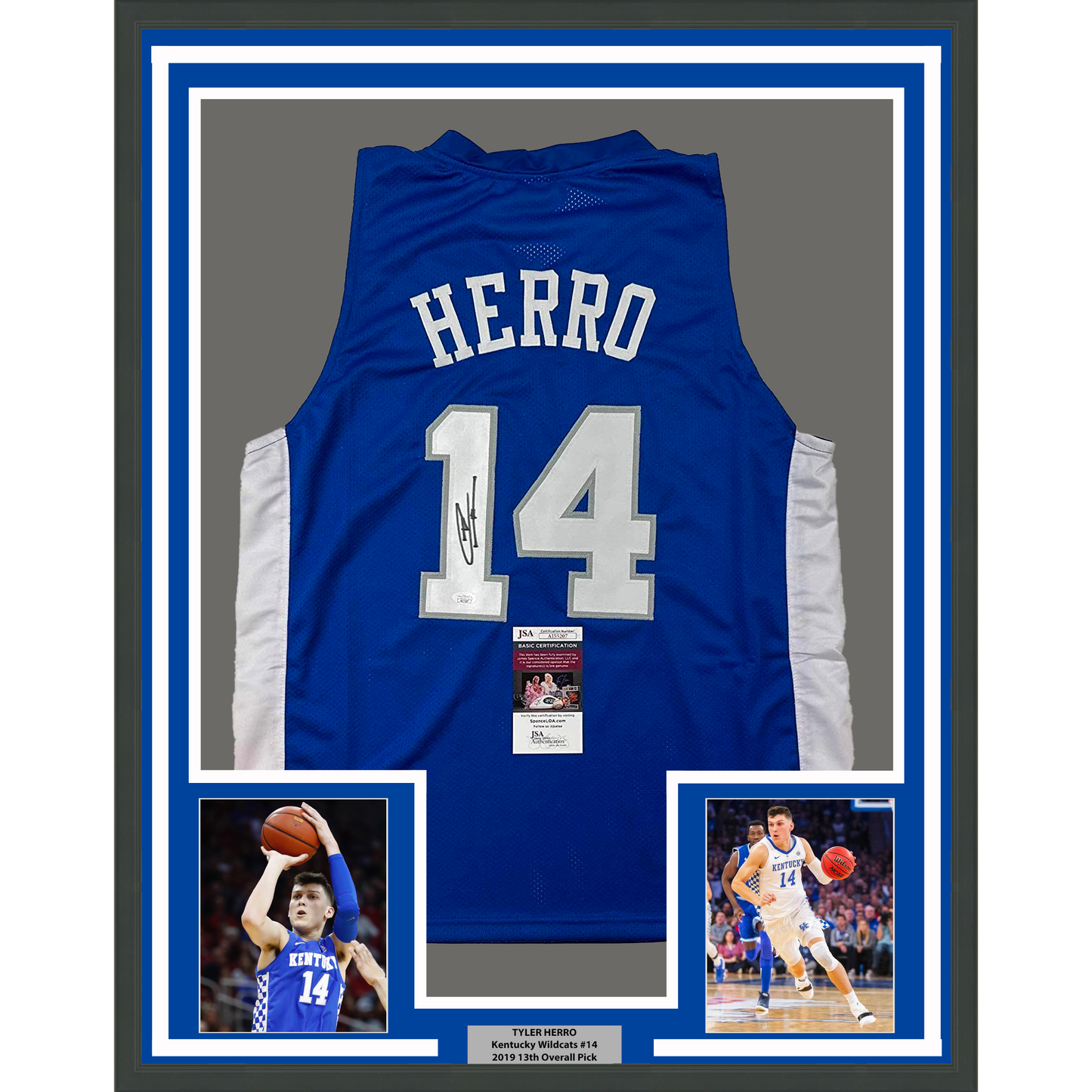 Framed Autographed/Signed Tyler Herro 35x39 Kentucky Blue College Basketball Jersey JSA COA