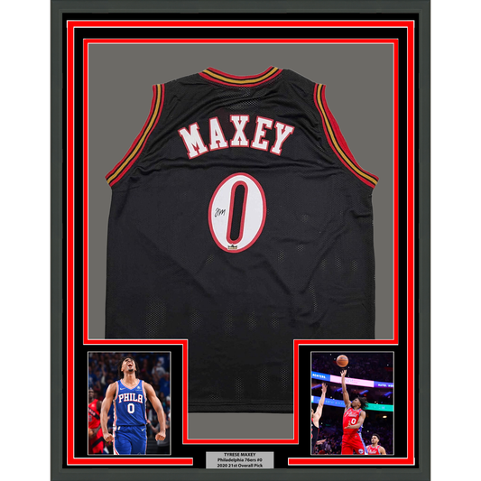 Framed Facsimile Autographed Tyrese Maxey 35x39 Philadelphia Retro Black Reprint Laser Auto Basketball Jersey