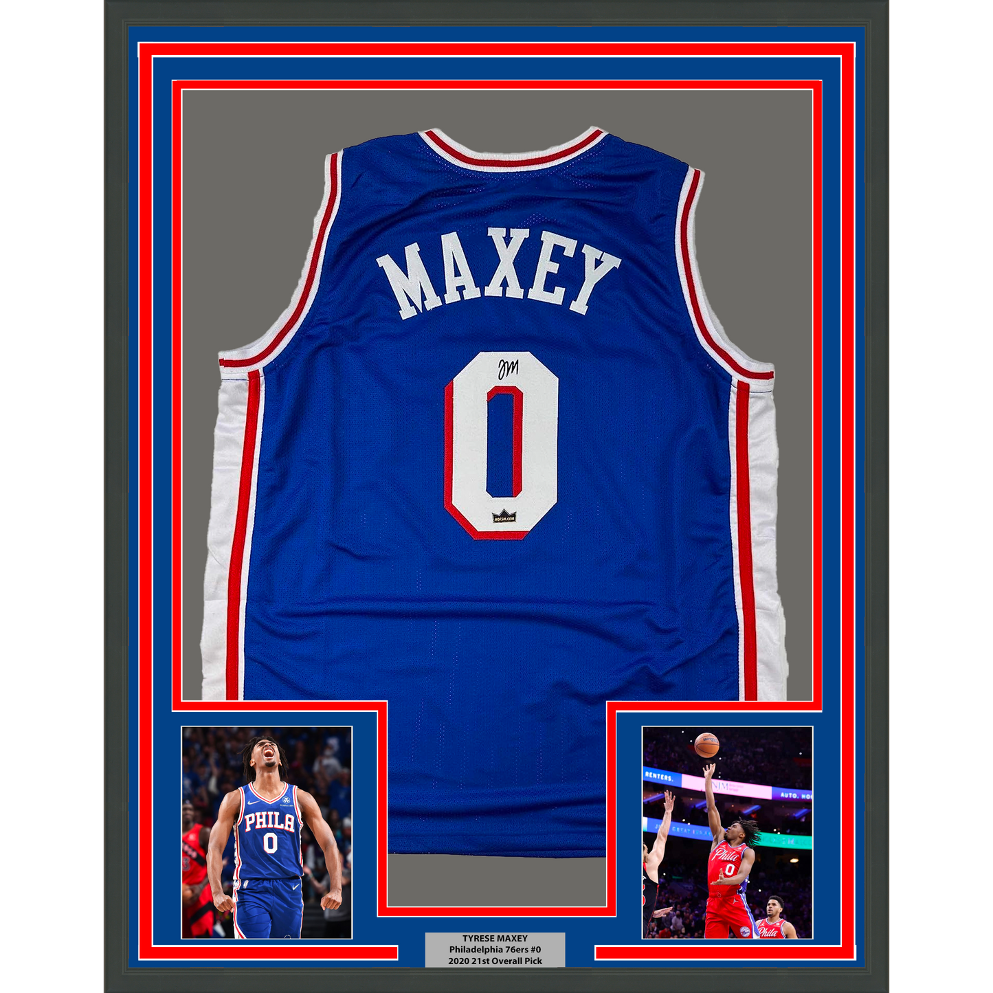 Framed Facsimile Autographed Tyrese Maxey 35x39 Philadelphia Blue Reprint Laser Auto Basketball Jersey