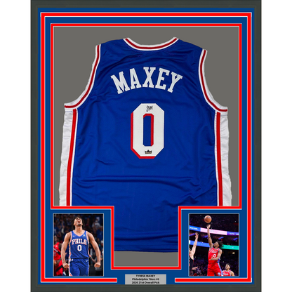 Framed Facsimile Autographed Tyrese Maxey 35x39 Philadelphia Blue Reprint Laser Auto Basketball Jersey