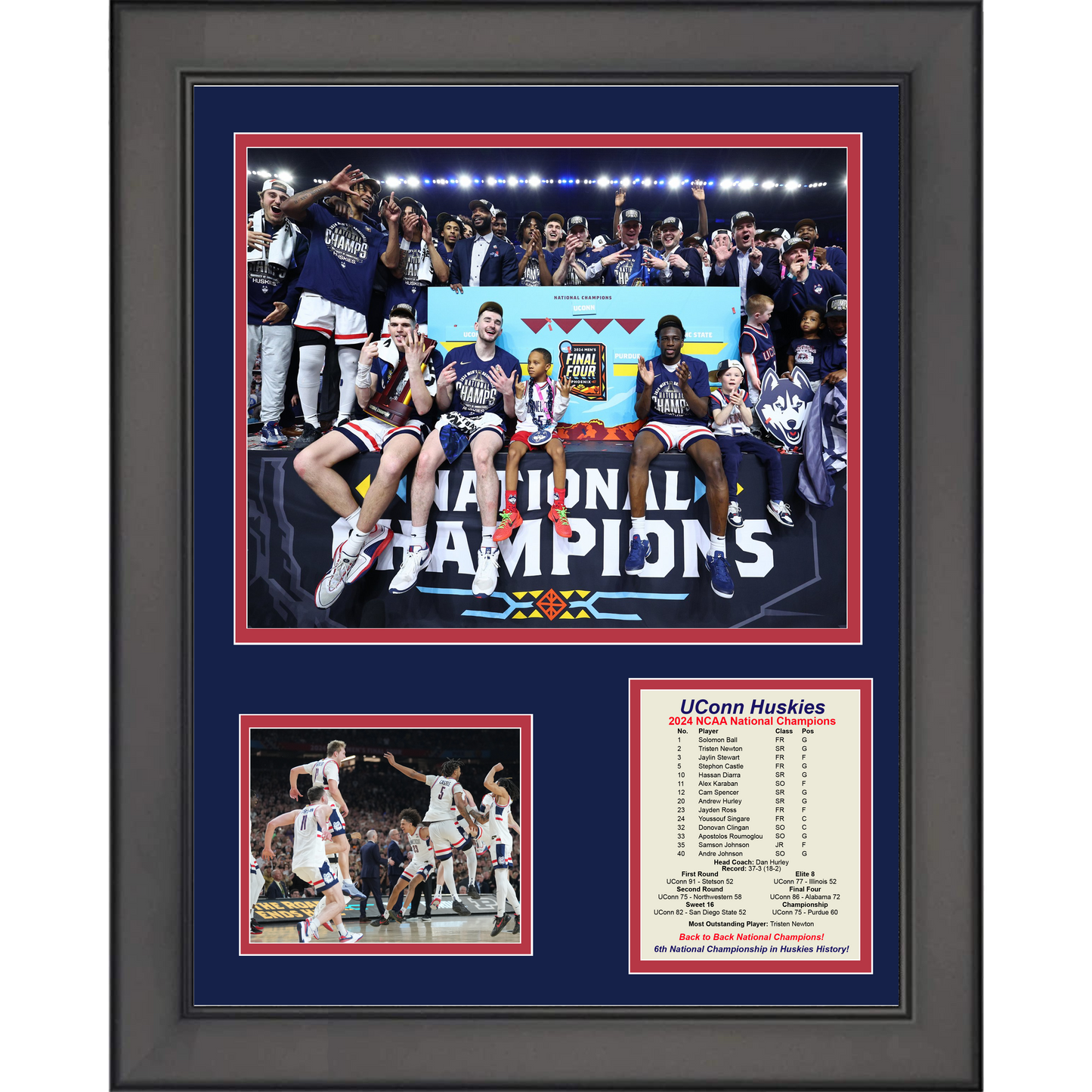 Framed UConn Huskies 2024 Back to Back NCAA National Champions 11"x14" College Basketball Three Photo Collage