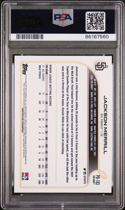 Graded 2022 Topps Pro Debut Jackson Merrill #PD103 Rookie RC Baseball Card PSA 10 Gem Mint