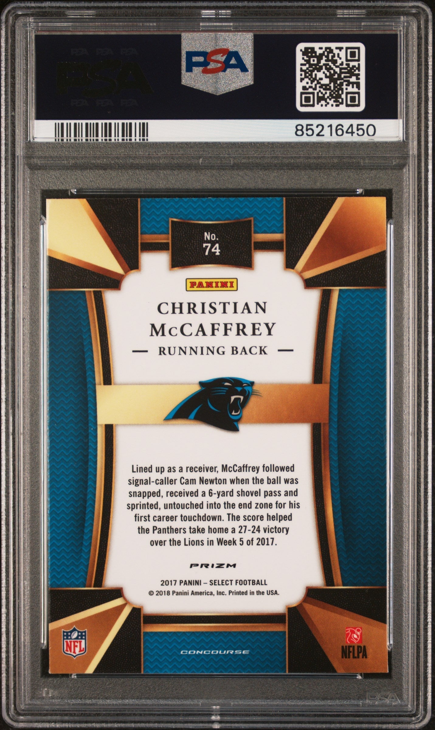 Graded 2017 Panini Select Christian McCaffrey #74 Silver Prizm Rookie RC Football Card PSA 9 Mint