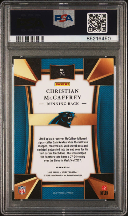 Graded 2017 Panini Select Christian McCaffrey #74 Silver Prizm Rookie RC Football Card PSA 9 Mint