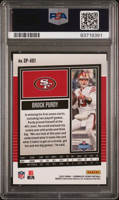 Graded 2022 Panini Chronicles Brock Purdy #SP401 Score Premium Rookie Update RC Football Card PSA 10 Gem Mint