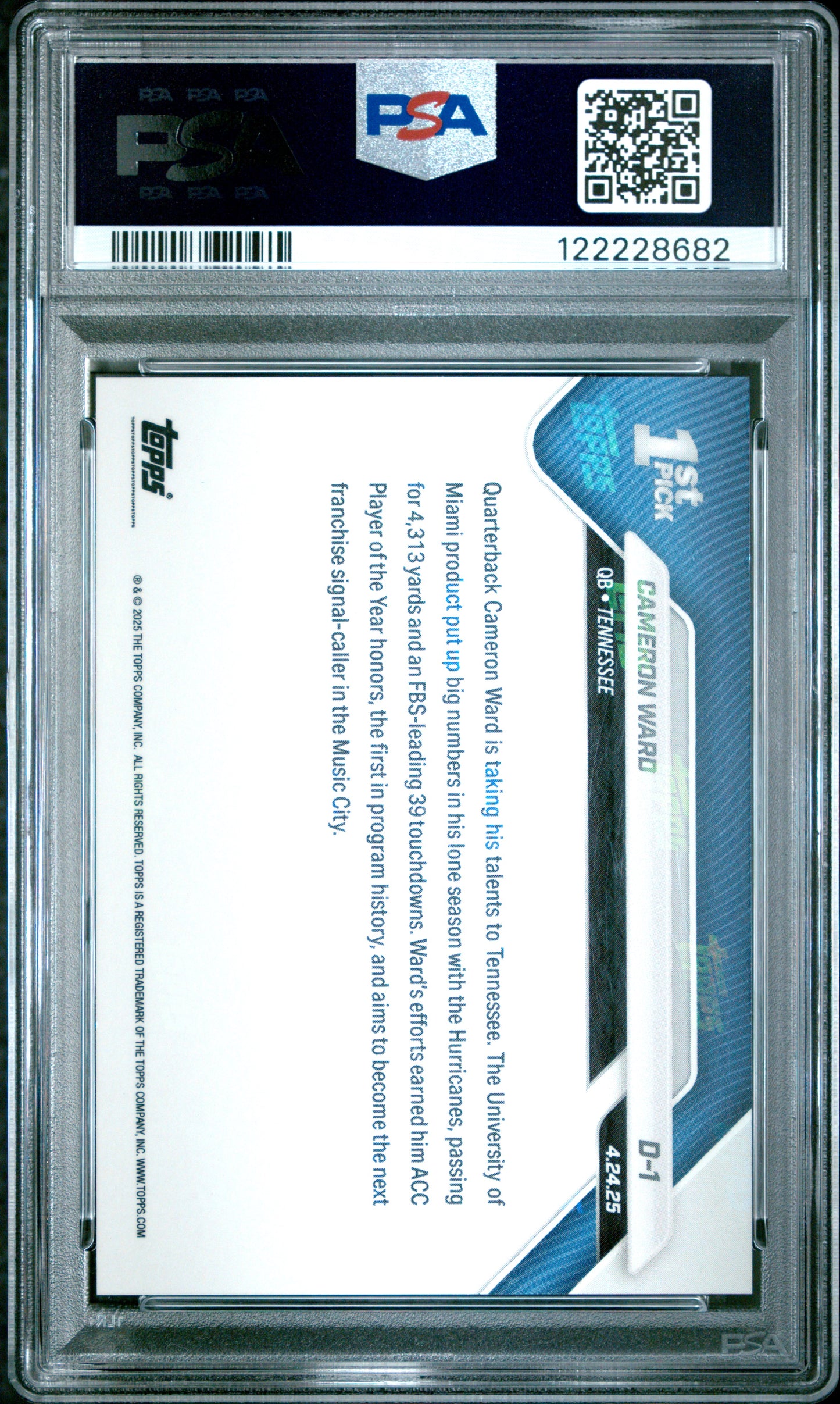 Graded 2025 Topps Now Cam Ward #D1 Gold Foil /50 Rookie RC Football Card PSA 9 Mint