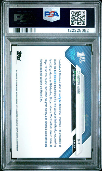 Graded 2025 Topps Now Cam Ward #D1 Gold Foil /50 Rookie RC Football Card PSA 9 Mint