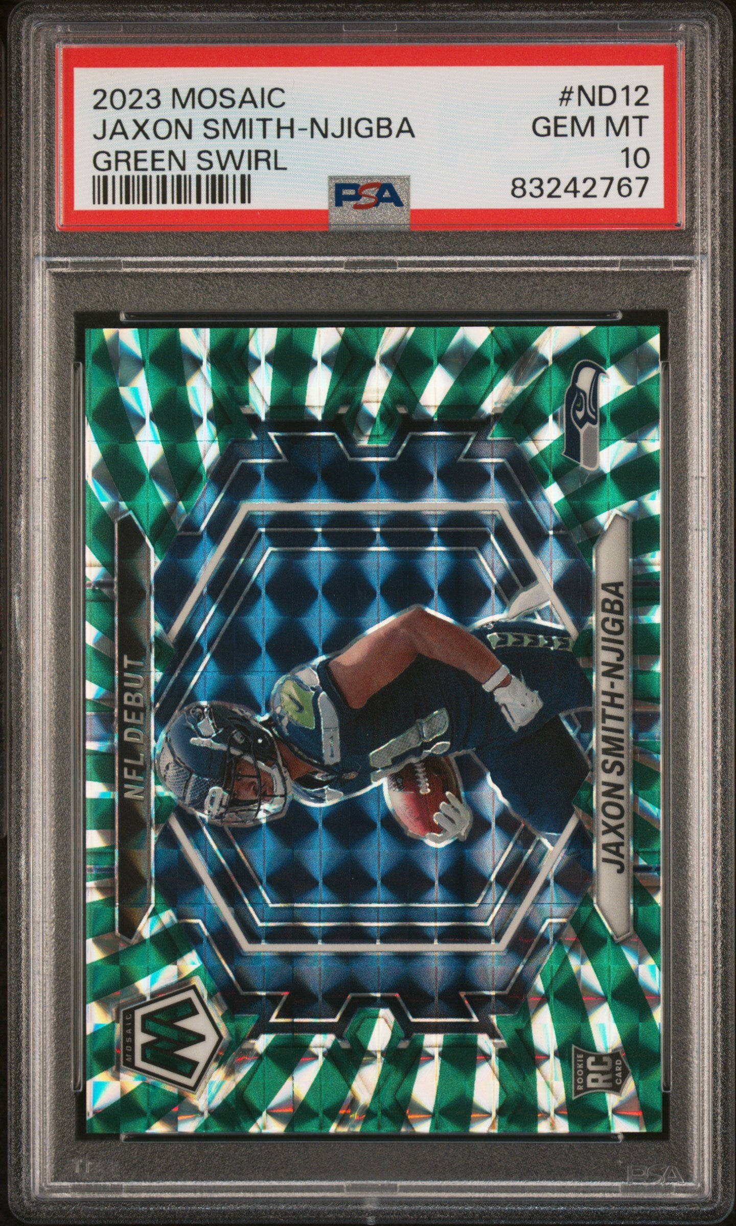 Graded 2023 Panini Mosaic Jaxon Smith-Njigba #ND12 Green Swirl Rookie RC Football Card PSA 10 Gem Mint
