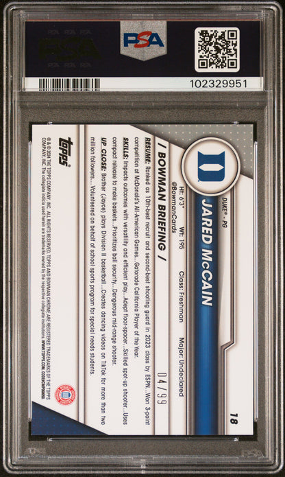 Graded 2023 Topps Bowman U Chrome Jared McCain #18 Green /99 Rookie RC Basketball Card PSA 10 Gem Mint