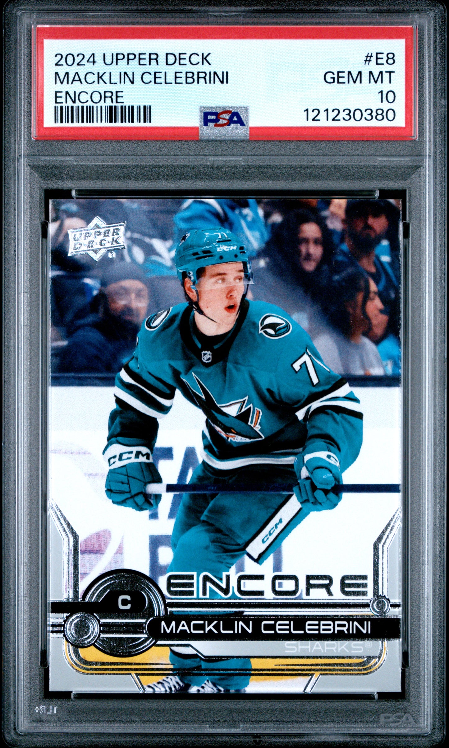 Graded 2024 Upper Deck Macklin Celebrini #E8 Encore Rookie RC Hockey Card PSA 10 Gem Mint