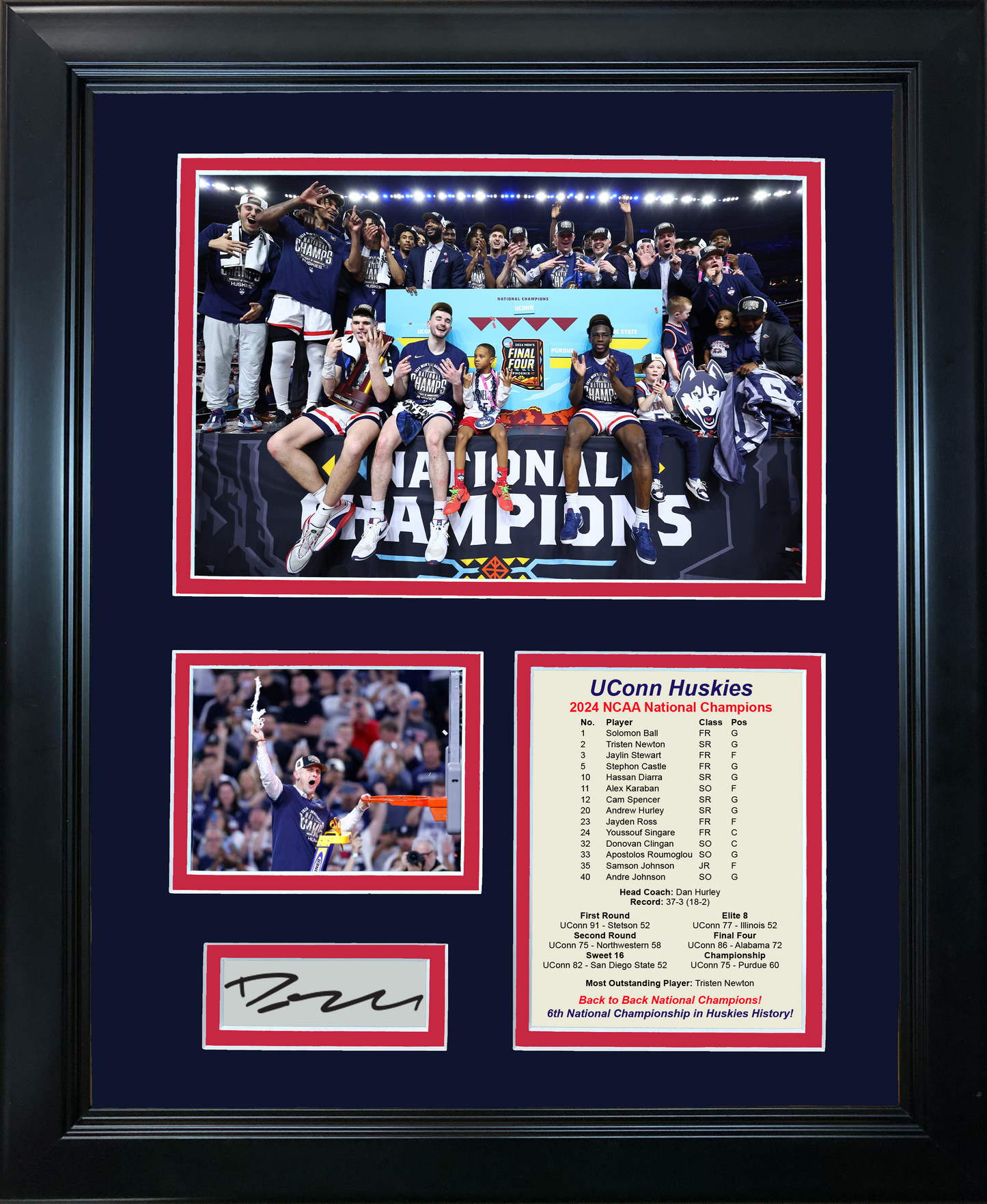 Framed UConn Huskies 2024 Back to Back NCAA National Champions Dan Hurley Facsimile Laser Engraved Signature Auto 11"x14" College Basketball Photo Sig Collage