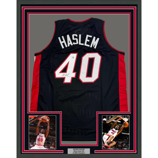 Framed Autographed/Signed Udonis Haslem 35x39 Miami Black Basketball Jersey Beckett BAS COA