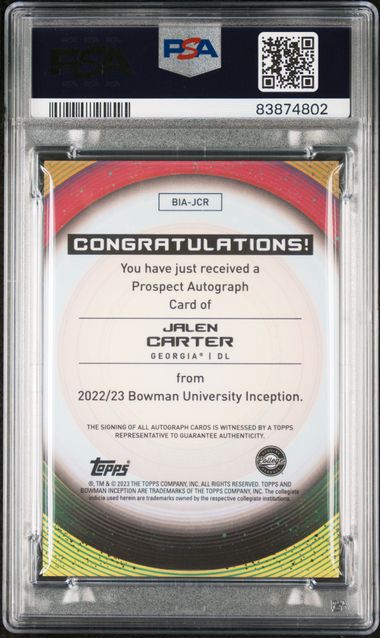 Graded 2022 Topps Bowman U Inception Jalen Carter #JCR Rookie RC Football Card PSA 10 Auto/Card Grade Gem Mint