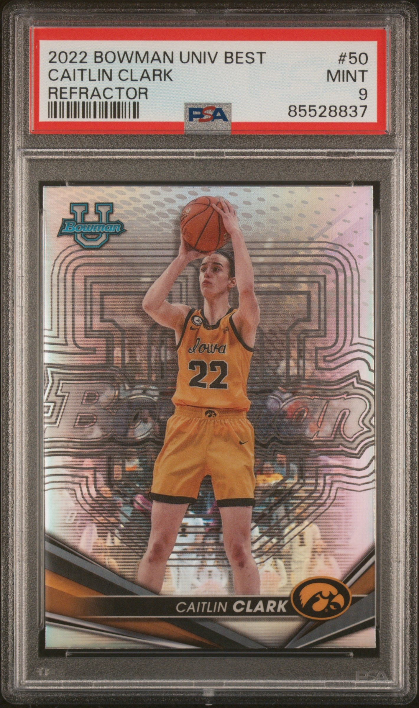 Graded 2022 Topps Bowman University Best Caitlin Clark #50 Refractor Rookie RC Basketball Card PSA 9 Mint