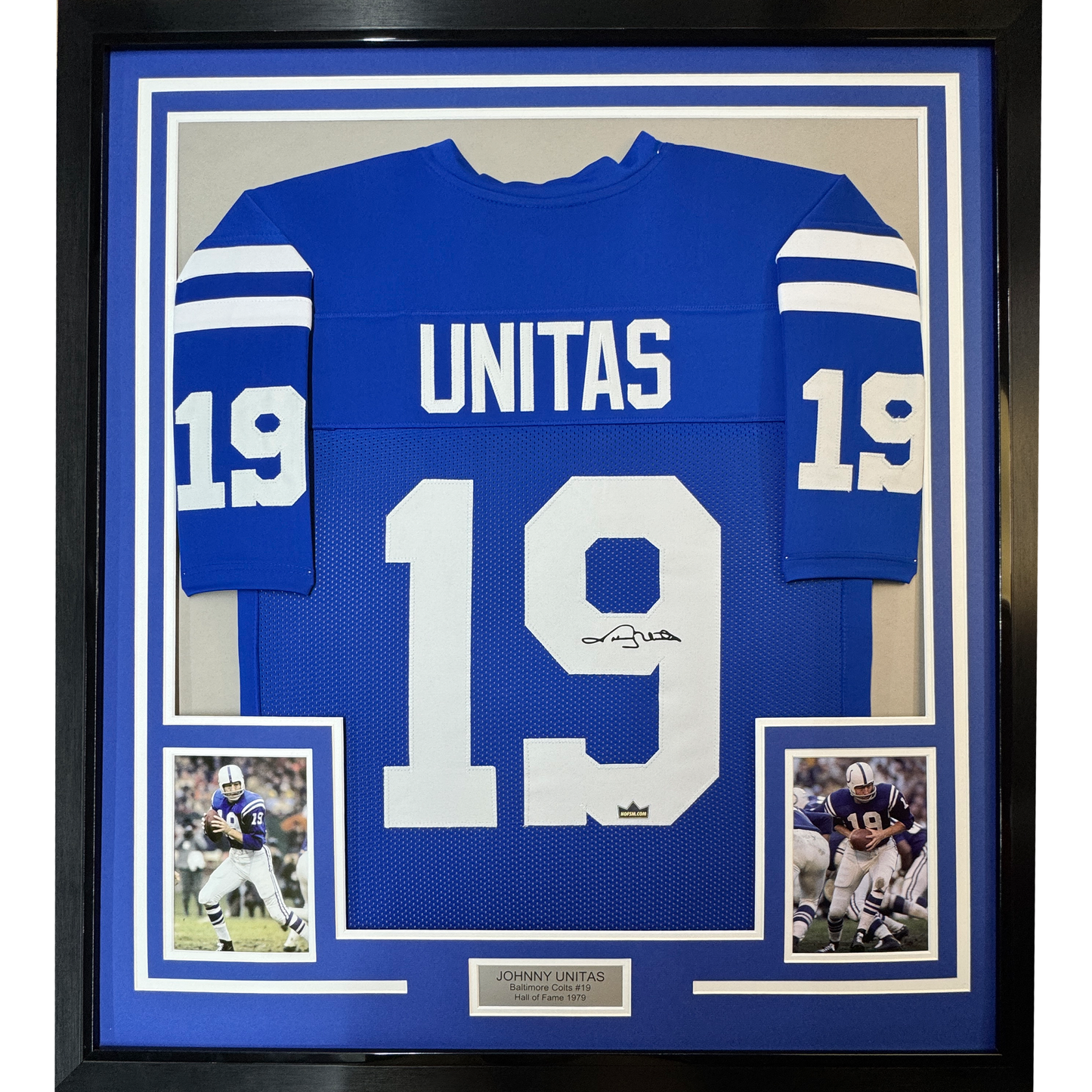 Framed Facsimile Autographed Johnny Unitas 35x39 Indianapolis Baltimore Blue Reprint Laser Auto Football Jersey