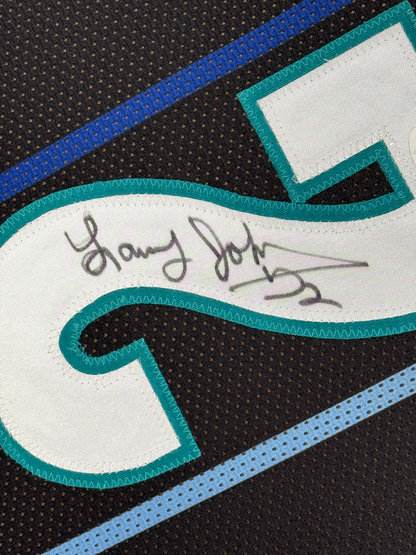 Framed Autographed/Signed Larry Johnson 35x39 Charlotte Black Basketball Jersey JSA COA