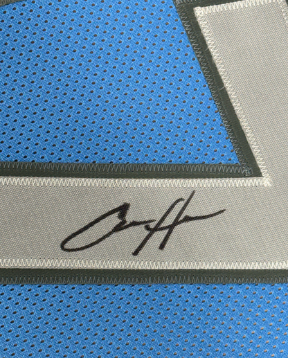 Framed Autographed/Signed Aidan Hutchinson 35x39 Detroit Blue Football Jersey Beckett BAS COA