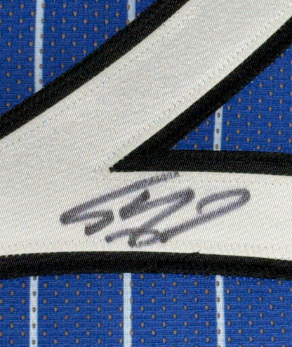 Framed Autographed/Signed Shaquille Shaq O'Neal 35x39 Orlando Blue Pinstripe Basketball Jersey Beckett BAS COA