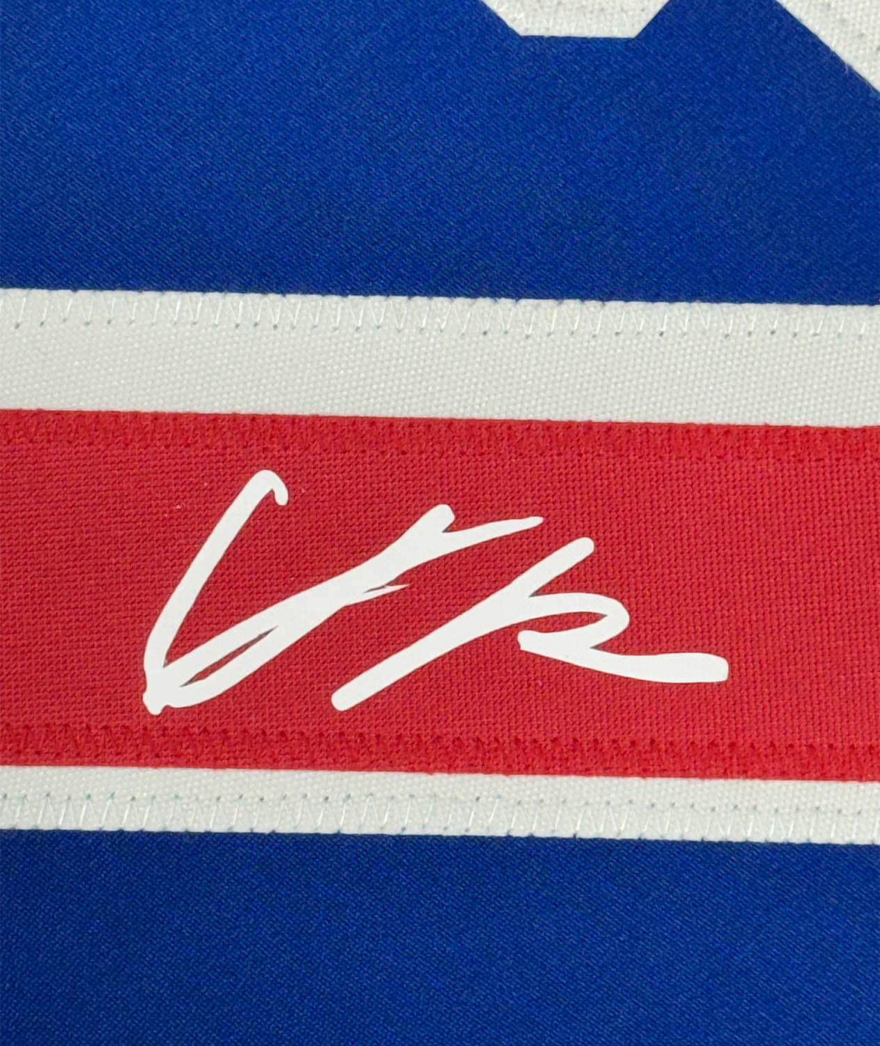 Framed Facsimile Autographed Adam Fox 35x39 New York Blue Reprint Laser Auto Hockey Jersey