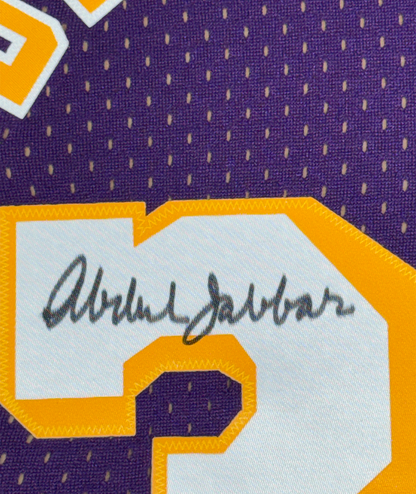 Framed Autographed/Signed Kareem Abdul-Jabbar 35x39 Los Angeles Lakers Mitchell & Ness Purple Basketball Jersey Fanatics COA