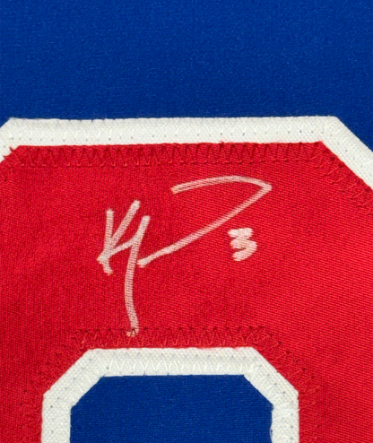 Framed Autographed/Signed Ken Morrow 35x39 Blue 1980 Miracle On Ice United States Hockey Jersey JSA COA