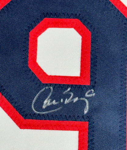 Framed Autographed/Signed Carlos Baerga 35x39 Cleveland White Baseball Jersey Beckett BAS COA