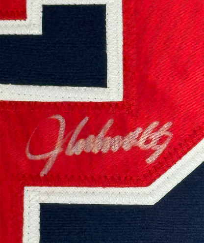 Framed Autographed/Signed John Smoltz 35x39 Atlanta Blue Baseball Jersey JSA COA