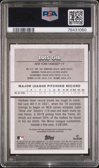 Graded 2022 Topps Archives Snapshots Luis Gil #10 Autograph Rookie RC Baseball Card PSA 10 Gem Mint