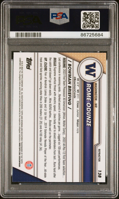 Graded 2023 Topps Bowman U Chrome Rome Odunze #138 Refractor Rookie RC Football Card PSA 10 Gem Mint
