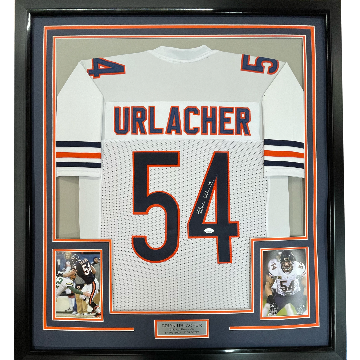 Framed Autographed/Signed Brian Urlacher 35x39 Chicago White Football Jersey Beckett BAS COA