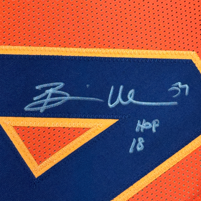 Framed Autographed/Signed Brian Urlacher 35x39 HOF 18 Chicago Orange Retro Football Jersey Beckett BAS COA