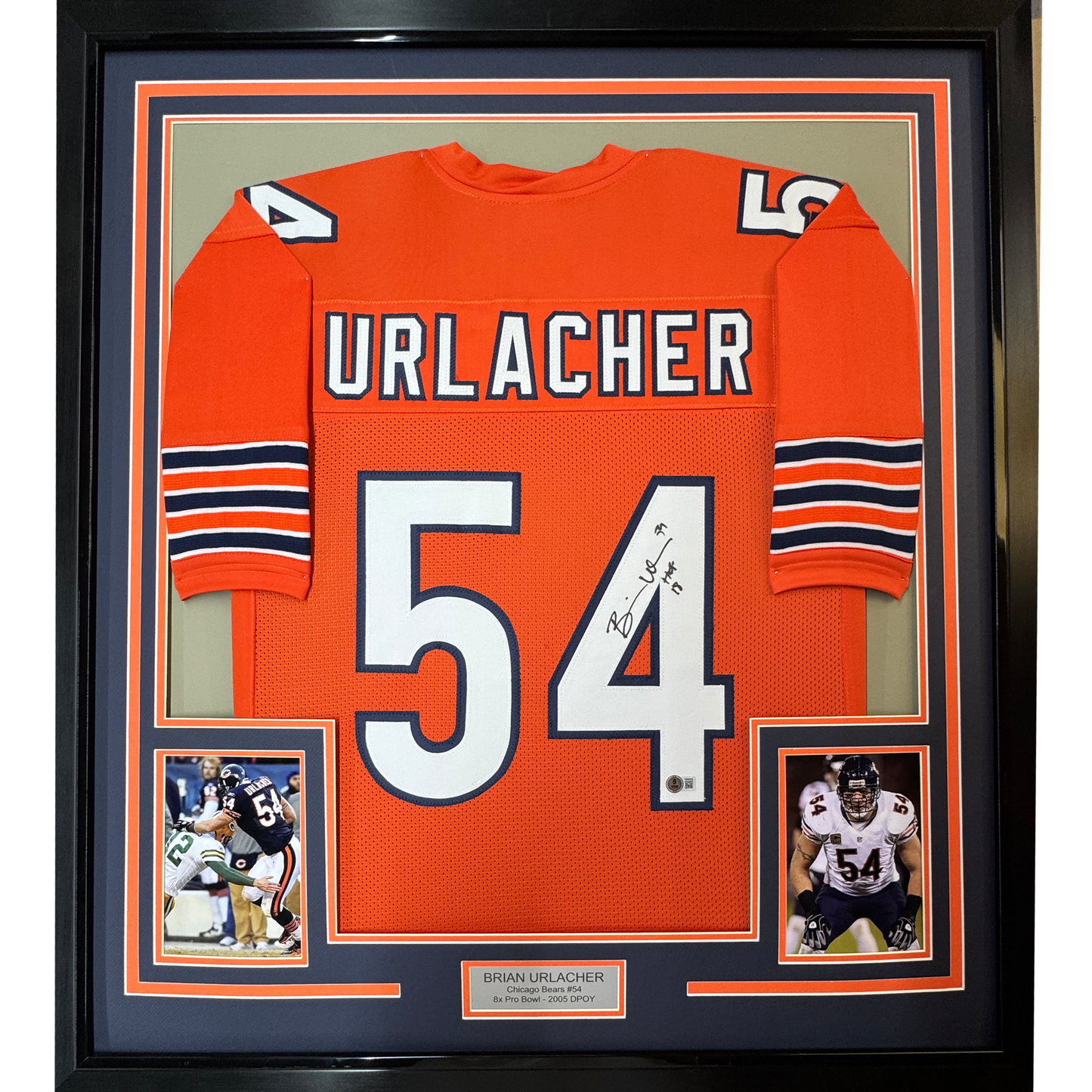 Framed Autographed/Signed Brian Urlacher 35x39 HOF 18 Chicago Orange Football Jersey Beckett BAS COA