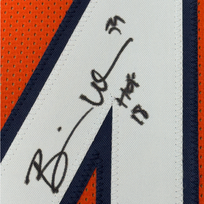 Framed Autographed/Signed Brian Urlacher 35x39 HOF 18 Chicago Orange Football Jersey Beckett BAS COA