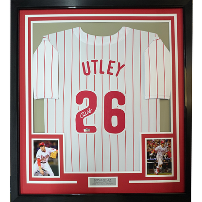 Framed Facsimile Autographed Chase Utley 35x39 Philadelphia Pinstripe Reprint Laser Auto Baseball Jersey