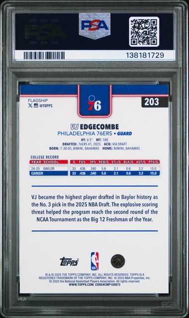 Graded 2025 Topps VJ Edgecombe #203 Rookie RC Basketball Card PSA 10 Gem Mint