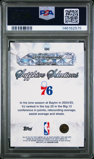 Graded 2025 Topps Sapphire VJ Edgecombe #SS3 Sapphire Selections Rookie RC Basketball Card PSA 10 Gem Mint