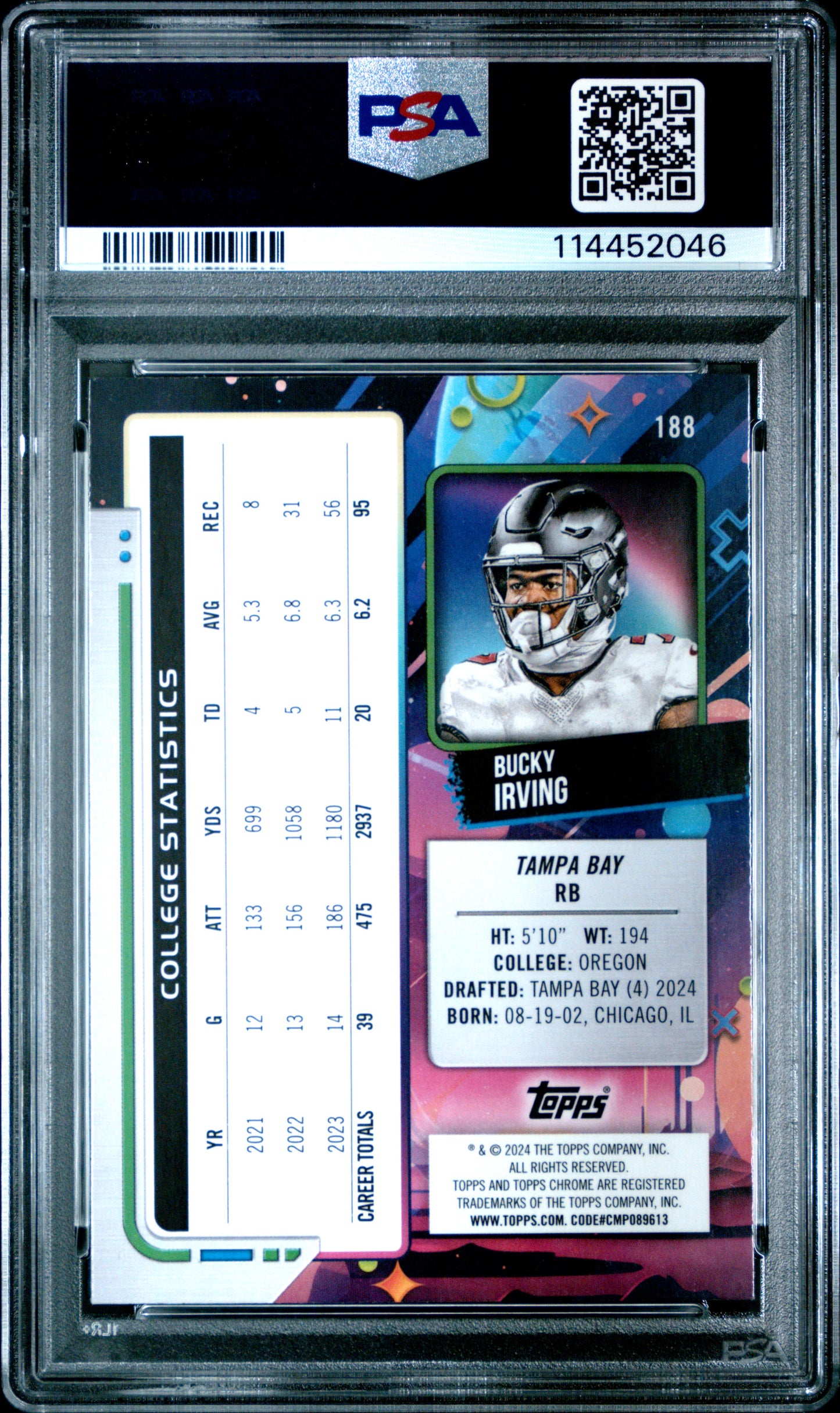 Graded 2024 Topps Cosmic Chrome Bucky Irving #188 Rookie RC Football Card PSA 10 Gem Mint
