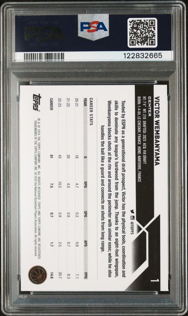 Graded 2023 Topps Chrome Purple Refractor Victor Wembanyama #PUR /349 Rookie RC Basketball Card PSA 10 Gem Mint